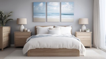 Fototapeta premium A serene bedroom featuring a bed, nightstands, and ocean-themed artwork.