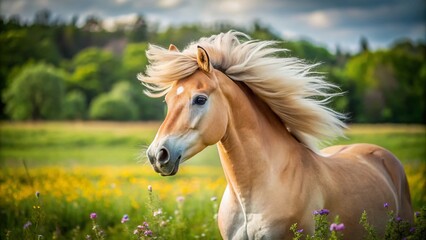 Obraz premium Norwegian Fjord Horse Shaking Head in Lush Spring Field - Captivating Portrait of a Horse's Head in Nature