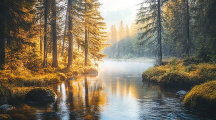 Fototapeta premium Serene Morning in a Tranquil Forest Landscape