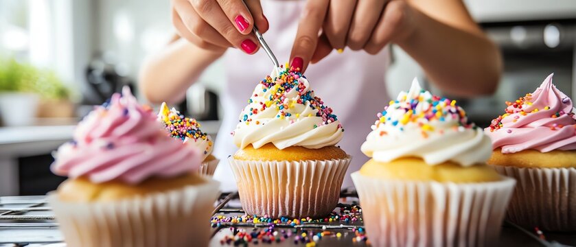 Decorating cupcakes with colorful sprinkles