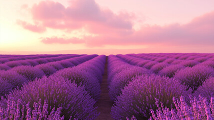 Fototapeta premium Soft lavender fields stretching under a pastel sky at sunset in a tranquil landscape