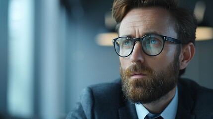 Fototapeta premium Mid Adult Businessman in Modern Office, Confident, Eyeglasses and Beard, Business Theme, Confident Businessman