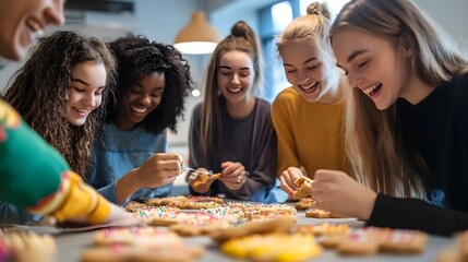 Friends Decorating Festive Holiday Cookies at Joyful Party with Colorful Icing and Sprinkles