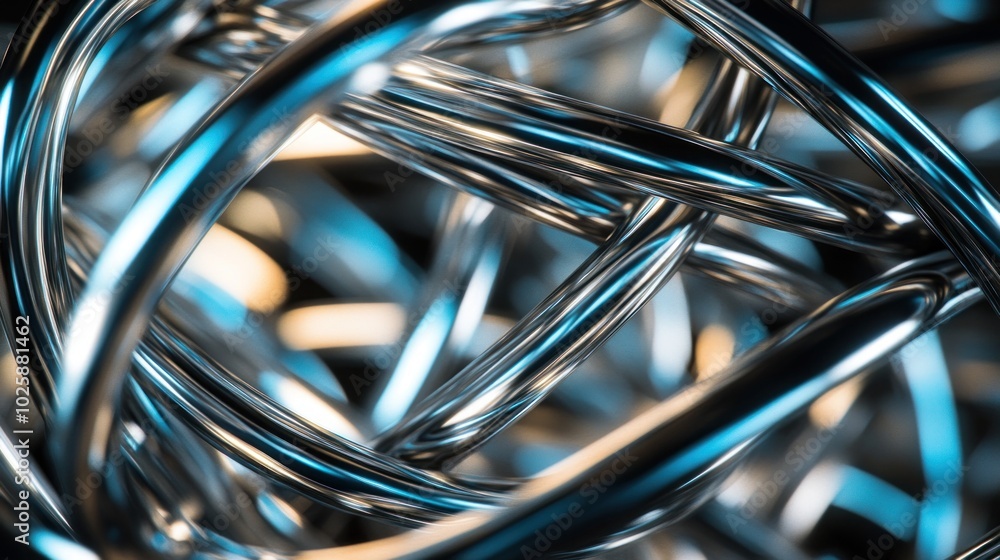 Poster abstract metallic wires intertwined with a glossy finish and dynamic lighting.