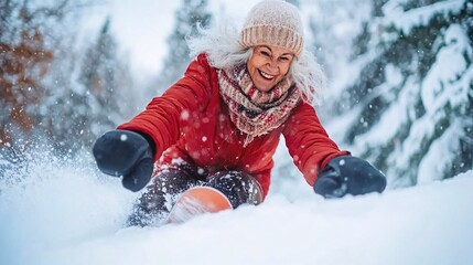 Fototapeta premium Western elderly woman performing a trick on her snowboard while going down a snowy hill Stock Photo with side copy space