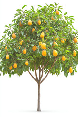 Mango tree with ripe fruit, white isolated background