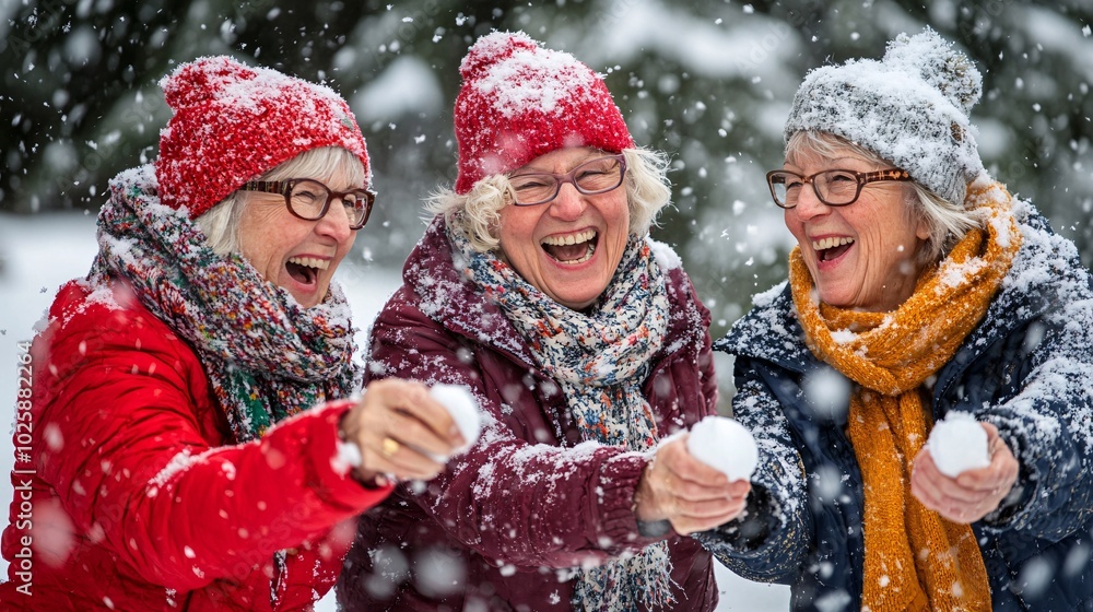 Poster elderly group laughing and ducking behind snow walls as they throw snowballs at each other stock pho