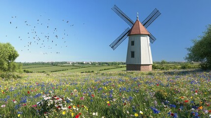 A Victorian windmill set against a pastoral landscape