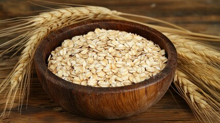 A wooden bowl filled with raw oatmeal grains, two wheat stalks on a wooden background.