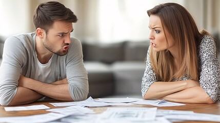 Fototapeta premium Young couple arguing in their living room with financial documents scattered on the coffee table Stock Photo with side copy space