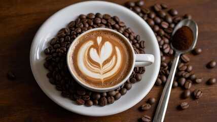 Obraz premium A cup of coffee with a saucer, accompanied by whole coffee beans scattered around. The rich aroma of the coffee is evident, creating a warm, inviting atmosphere