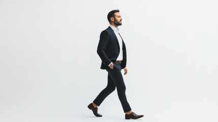 Man in formal attire walking with hands in pockets, full-body shot on white background. Confident and professional