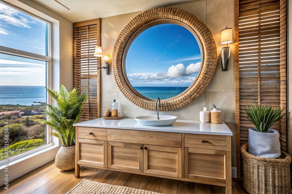 Wall mural Coastal bathroom with wicker and wood decor elements, round wood framed mirror