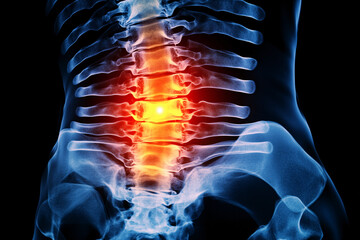 human back pain x-ray holding red painful spot