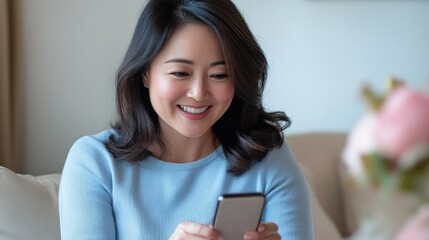 Fototapeta premium A young Asian woman smiles as she uses her smartphone while sitting on a couch in her living room.