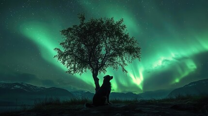Fototapeta premium A serene dog sitting beneath a tree, watching the northern lights in awe as they light up the night sky