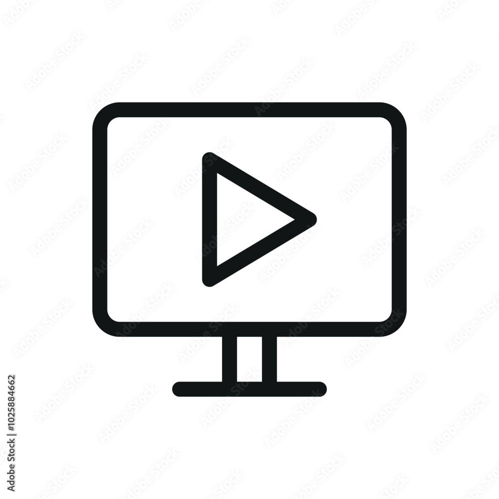 Poster Play button on monitor display isolated icon, play button on desktop computer song vector symbol with editable stroke