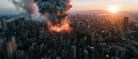 Flames and dense smoke engulf skyscrapers at sunset in a bustling city, capturing the chaos and intensity of an unfolding urban crisis.