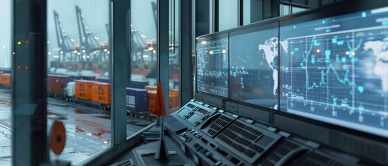 Obraz premium In a modern control room, digital screens display global data as shipping containers and cranes loom outside, reflecting efficient logistics and trade.