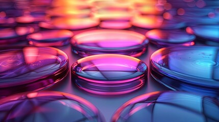 Glass disc shapes with colorful reflections composition. 3d rendering illustration