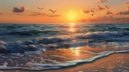 Ocean sunrise with waves and seagulls on a sandy beach