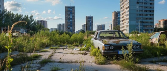 A rusted, abandoned car amid unruly vegetation hints at urban decay overshadowed by modern high-rises under the vast, blue sky.