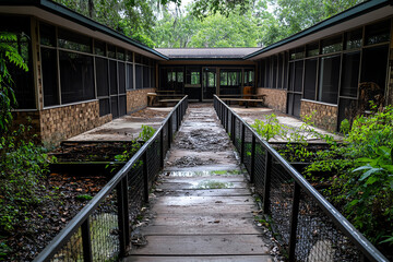 Obraz premium Modern building pathway in lush greenery