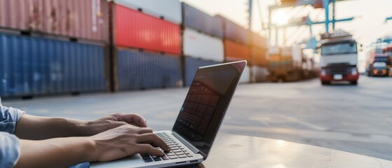 A solitary person types on a laptop against the backdrop of colorful shipping containers, signifying modern work amidst global trade and logistics.