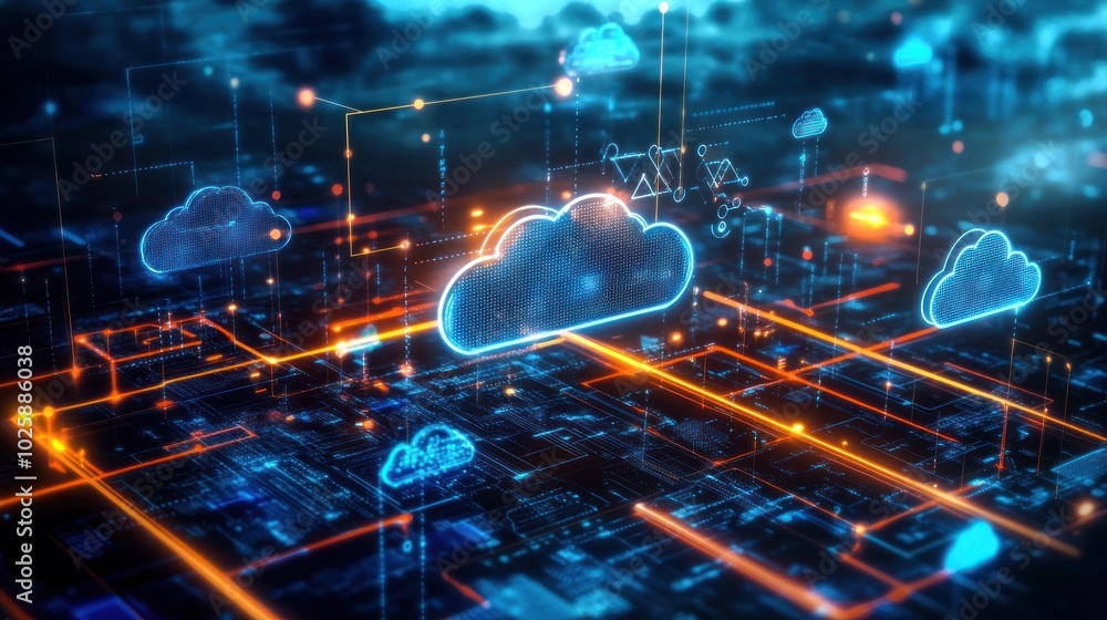Poster Cloud Computing Network with Glowing Lines and Blue Clouds
