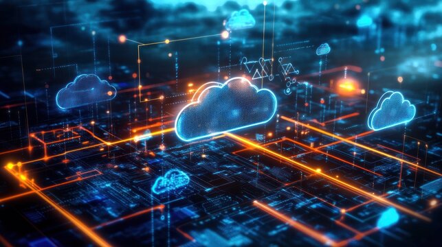 Cloud Computing Network with Glowing Lines and Blue Clouds