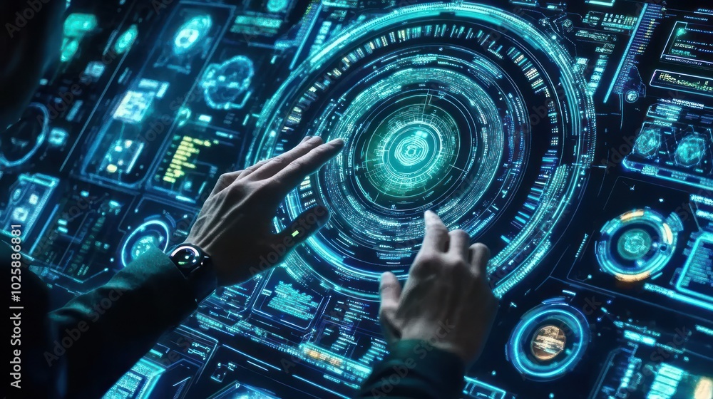 Poster Hands Interacting with a Futuristic Interface
