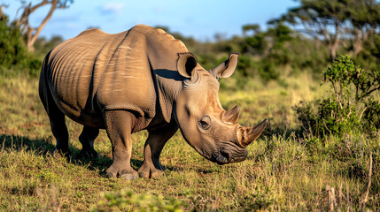 Obraz premium Rhinoceros grazing in savannah habitat