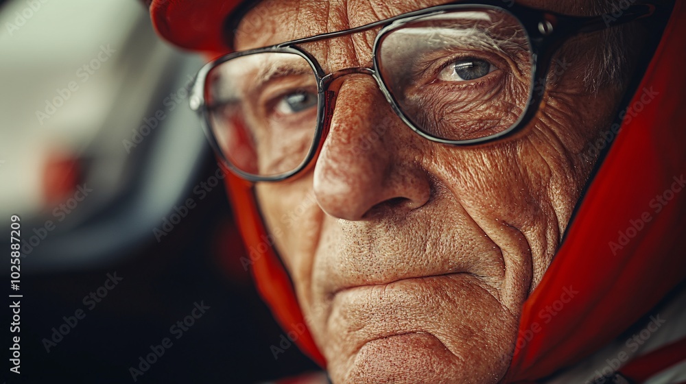 Poster elderly man in full racing gear speeding down a track with focus and determination stock photo with 