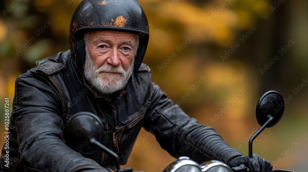 Poster elderly man in full racing gear speeding down a track with focus and determination stock photo with 