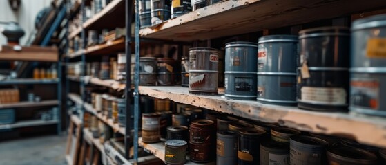 Rows of vintage paint tins line metal shelves in a rustic workshop, showcasing a timeless collection of colors, each telling its own story.