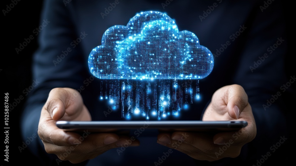 Aufkleber person holding tablet with glowing digital cloud and data streams