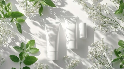 Blank white skincare tube and skincare bottle. White background