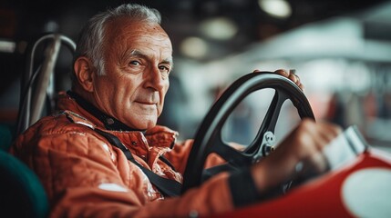 Older man in a high-speed race gripping the steering wheel while maneuvering a race car Stock Photo with side copy space