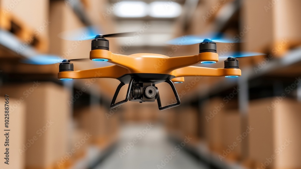 Poster drone delivery in warehouse: a modern drone equipped with a camera hovers in a busy warehouse, showc