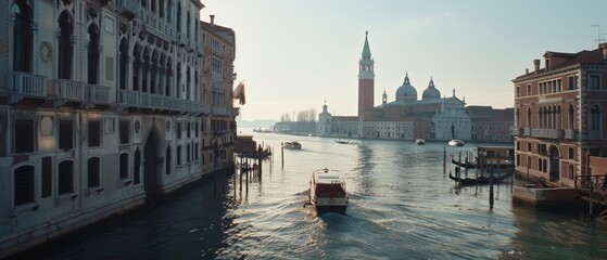 Naklejka premium A serene view of Venice's Grand Canal, capturing a boat sailing past historic architecture in the soft glow of morning light.