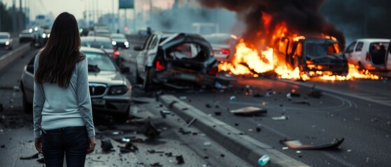 A woman stands on a highway, facing a scene of fiery chaos with multiple cars in a destructive accident, against a backdrop of ominous smoke.