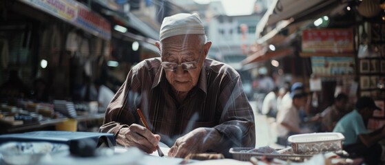 An elderly man with glasses writing intently at a table in a bustling market, capturing the persistent rhythm of life and personal focus amidst chaos.