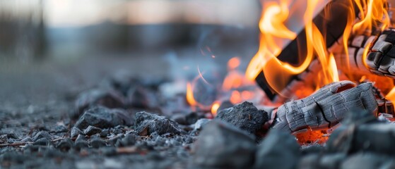 Intense, flickering flames dance among charred wood and ashes, capturing the raw energy and warmth of a campfire in a natural outdoor setting.