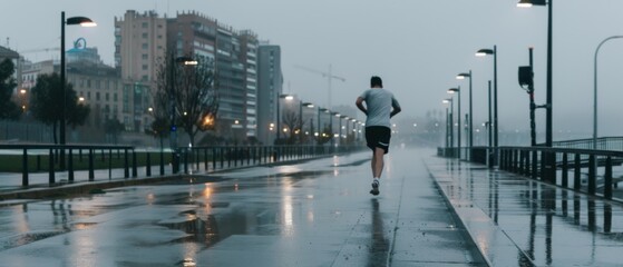 Obraz premium A determined runner briskly moves through a rainy urban landscape, embodying persistence and energy against the backdrop of hazy city lights.