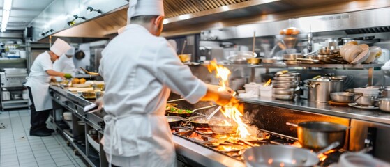 Chefs in a bustling restaurant kitchen expertly manage flaming pans, creating culinary masterpieces amidst the lively chaos.