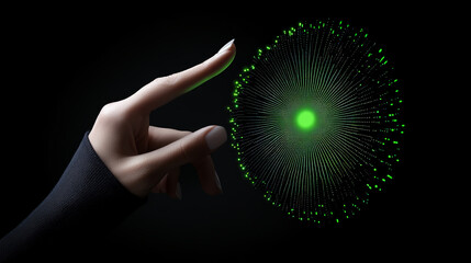 Digital Innovation: A woman's hand elegantly interacts with a vibrant, glowing green network sphere, symbolizing technological advancement and connection in a dark, mysterious background.
