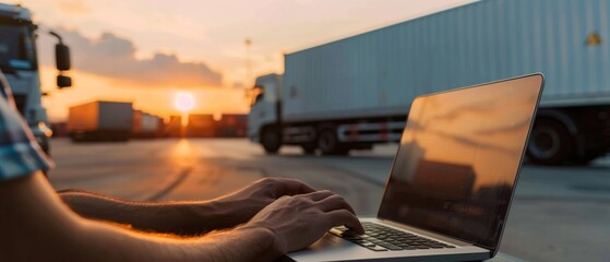 Hands typing on a laptop outdoors at a bustling freight yard, with trucks and containers in soft focus against a dramatic, golden sunset backdrop.