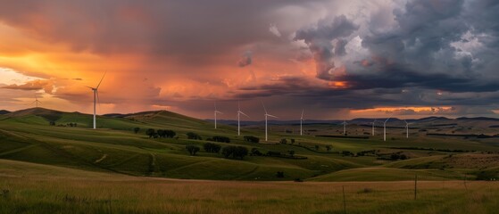 A picturesque landscape of wind turbines standing against a dramatic sunset sky, capturing renewable energy in harmony with nature.