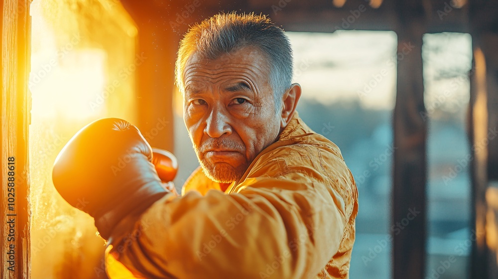 Aufkleber Older man practicing boxing moves with focus and speed during a training session Stock Photo with side copy space