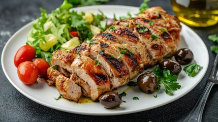Grilled chicken breast with fresh salad and olives on white plate.